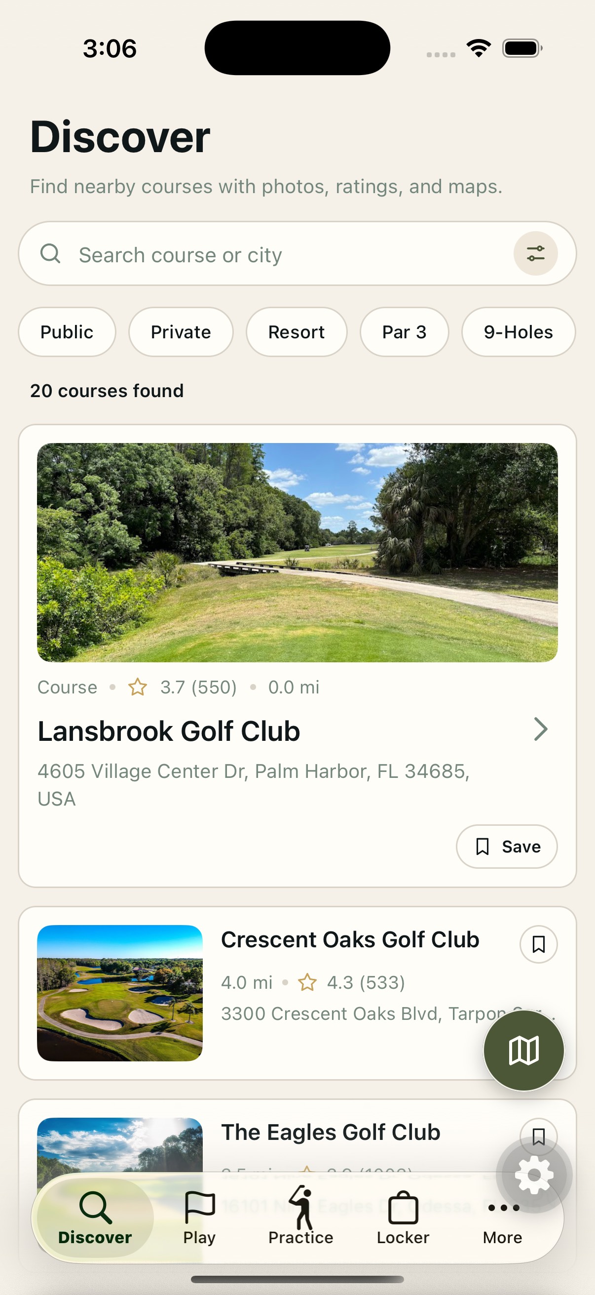 Dialed Golf mobile app Discover screen with nearby golf courses