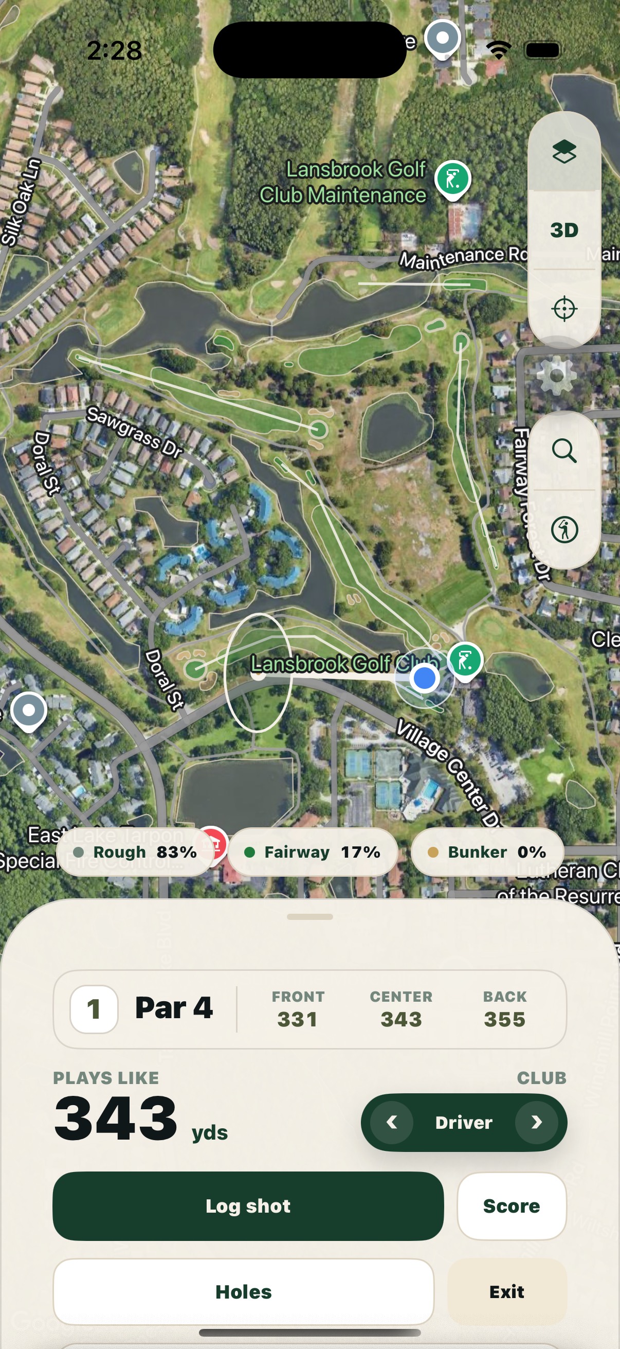 Dialed Golf live round map with distance and shot controls